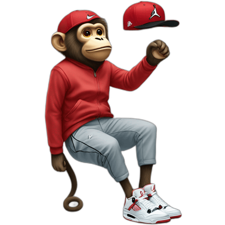 Monkey wearing Jordan 4 on its  feet  with a bunch of Nike clothes  with a Nike hat emoji