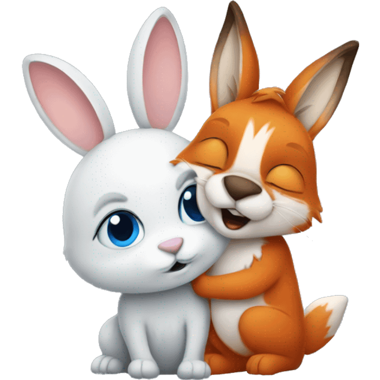 bunny with blue eyes and fox hugging emoji