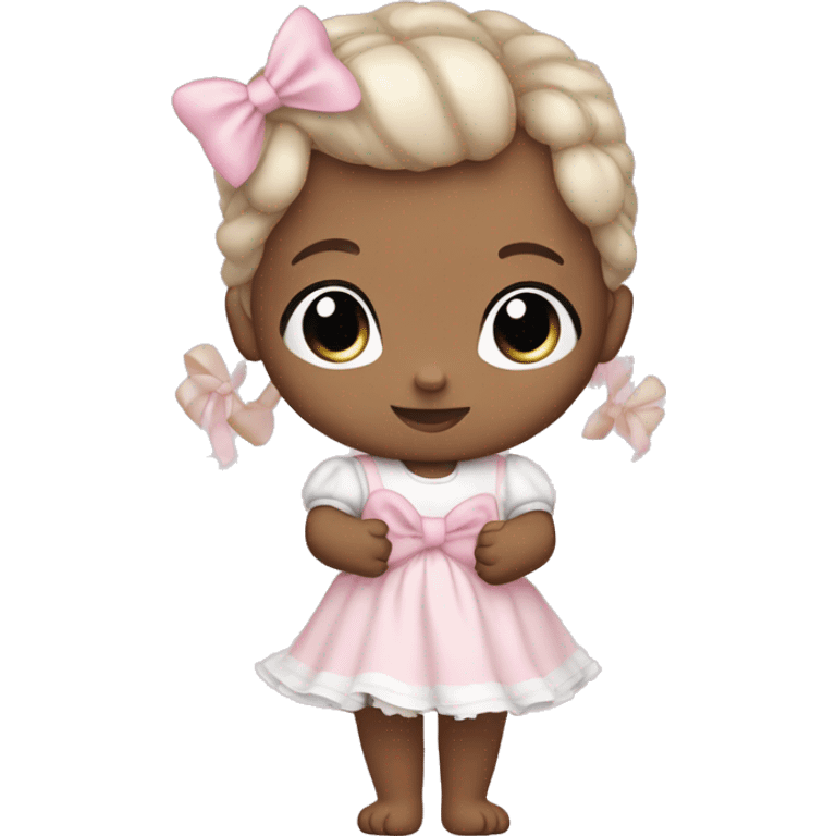 Little white babygirl, with blue eyes. Bronze colored hair in two ponytails, with light pink bows.  She is wearing a light pink and White dress, holding a teddybear with a pink bow. emoji