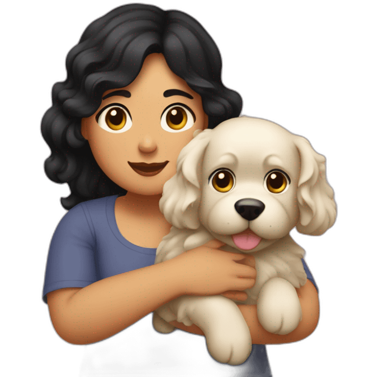 Plump girl with dark black wavy hairs holding dog in her arm emoji