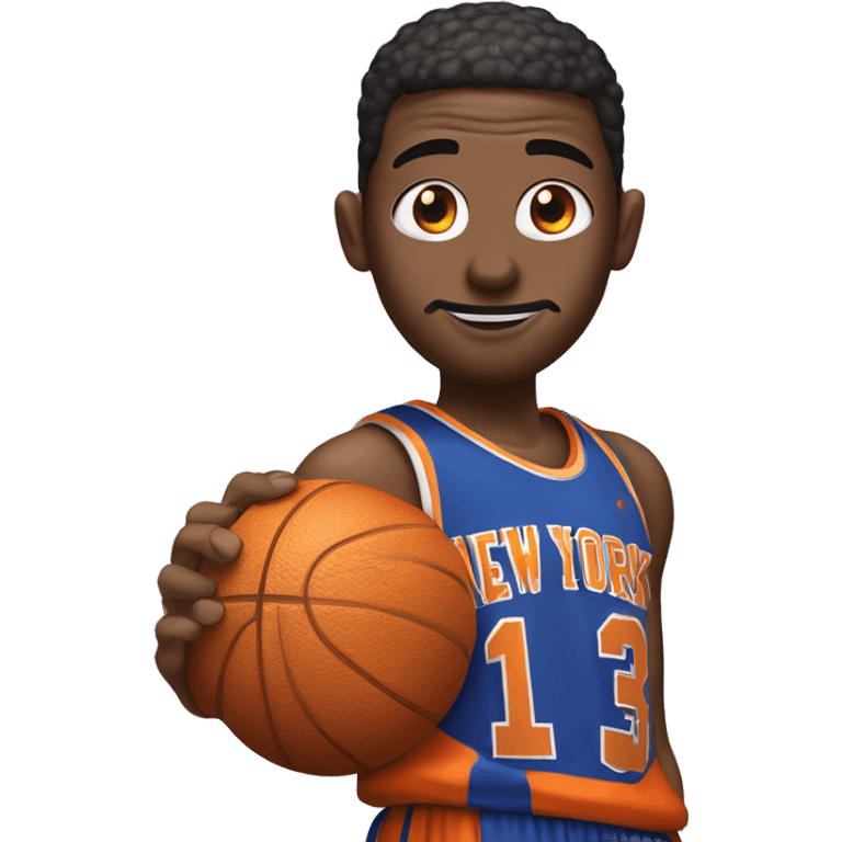 Person playing basketball in New York Knicks coloured clothes (white blue orange) but the basketball is a burger emoji