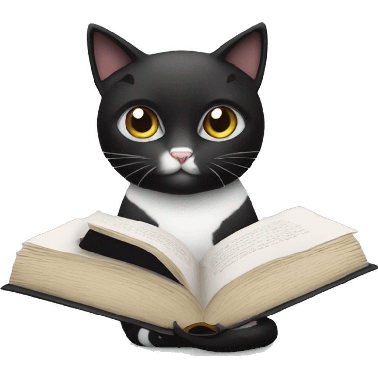 inspirational black and white cat with a book emoji