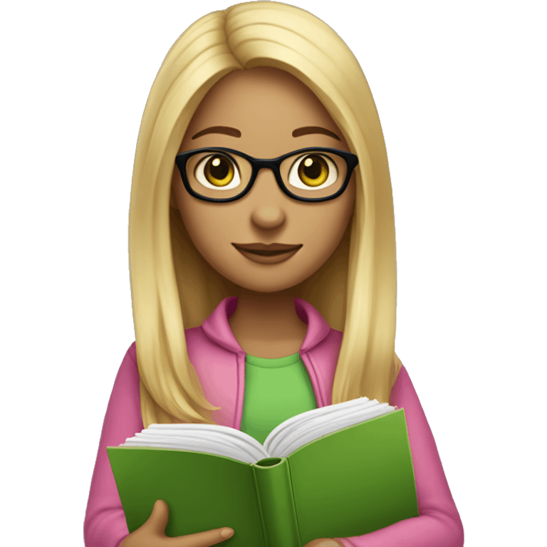 Girl with medium light skin, green eyes and long blonde hair and glasses reading a pink book emoji