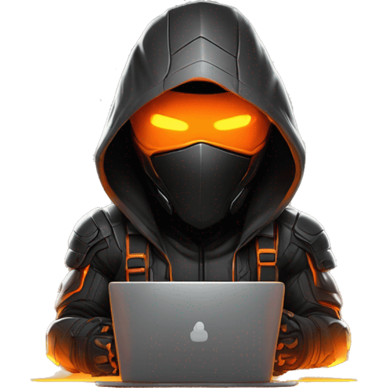  developer behind his laptop with this style : crysis Cyberpunk Valorant orange glowing bright orange character orange black hooded assassin themed character emoji