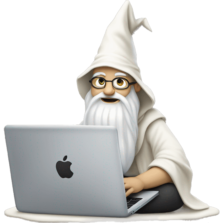 white-skinned Wizard sitting cross legged and doing deep work on a Macbook emoji