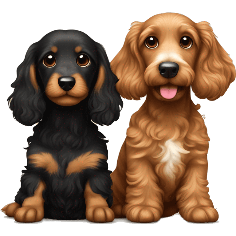 Brown golden doodle and black and tan and cream dachshund sitting together ￼￼ emoji