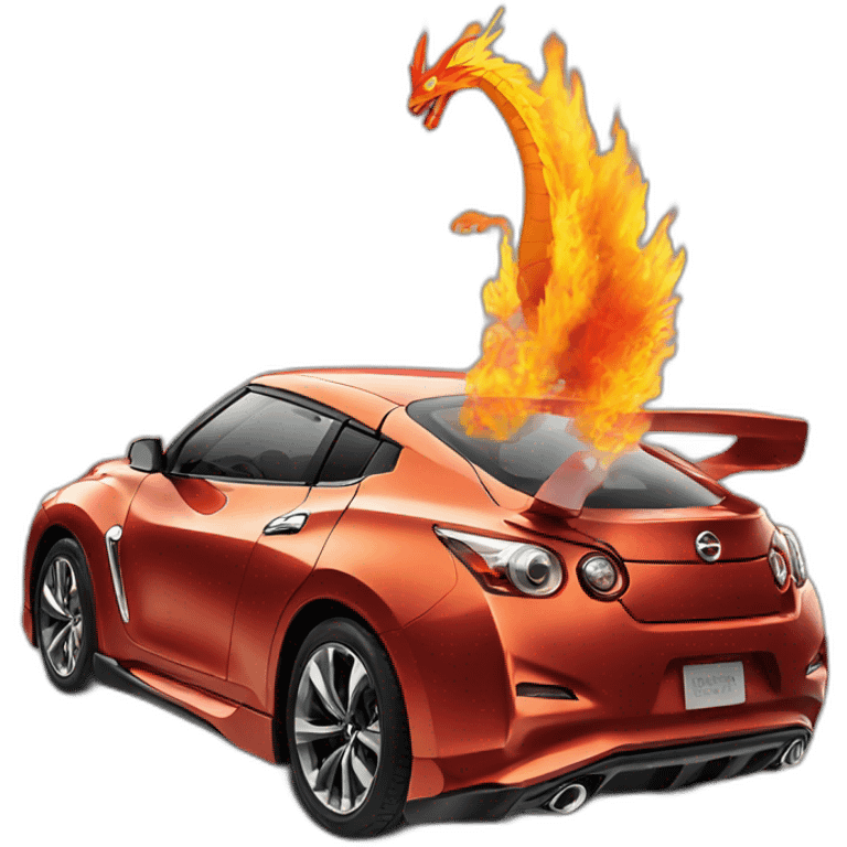 Nissan car with dragon wings and fire in its exhaust emoji