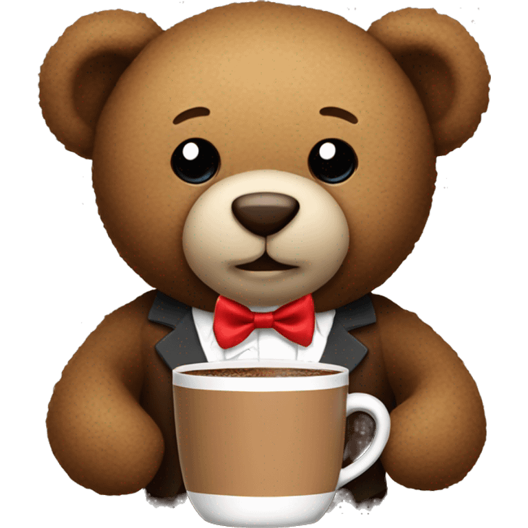 Teddy bear with a bow tie holding hot chocolate emoji