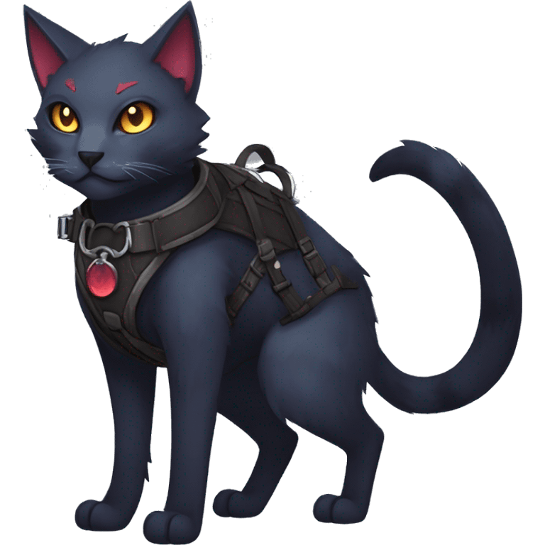 cool edgy fantasy dark-shadow-themed animal vampiric cat hybrid Fakemon  with a harness and collar full body emoji