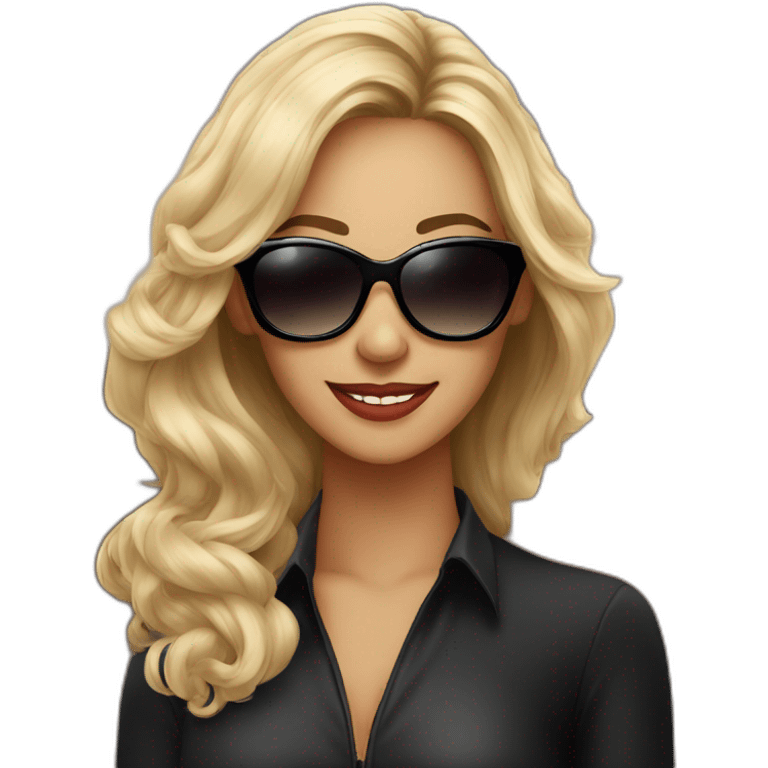 Beautiful woman in black sunglasses slyly smiling emoji