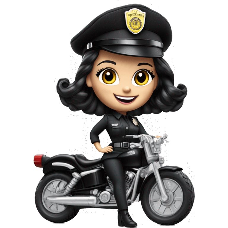 Bouclé Beauty Barbie, Wednesday Addams from academy, in vertically-striped dark-gray and black police officer’s uniform with small hat. Leaning back at the hips, riding a wheelie on a hot rod bike smiling  emoji