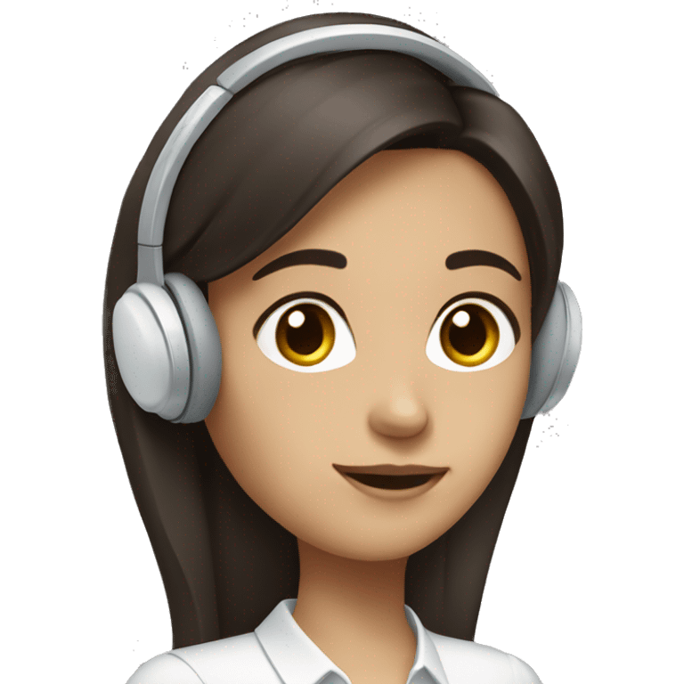 girl with long, straight dark brown hair,  dark brown eyes, with white elegant shirt, wearing a headset emoji