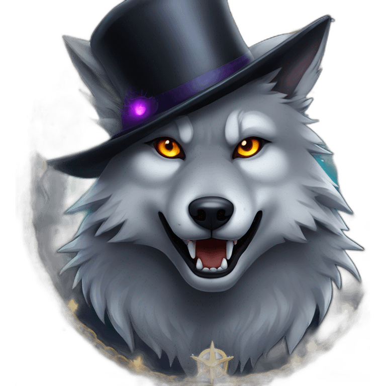 demonic wolf with a pentagram top hat and a pentagram chain with a haunting night background emoji