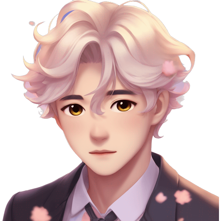 Gorgeous romantic anime style Asian formal modern gentlemanly guy with pretty hair and flower petals and blushing face aesthetic trending style outside with colorful gradient colors  pastelcore cottagecore kawaiicore emoji