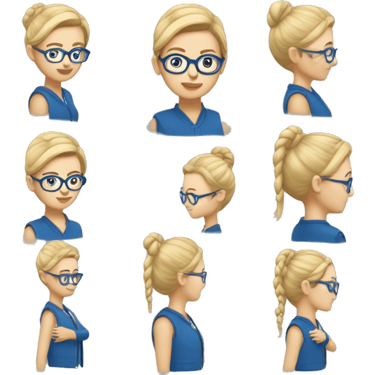 Une femme avec un gilet bleu,un chignon blond et des lunettes leoa  emoji