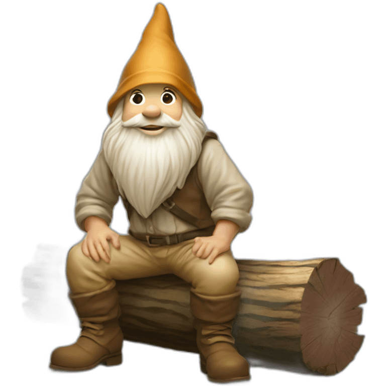 side view of gnome with light tan pants and light tan boots squatting in front of small brown log emoji