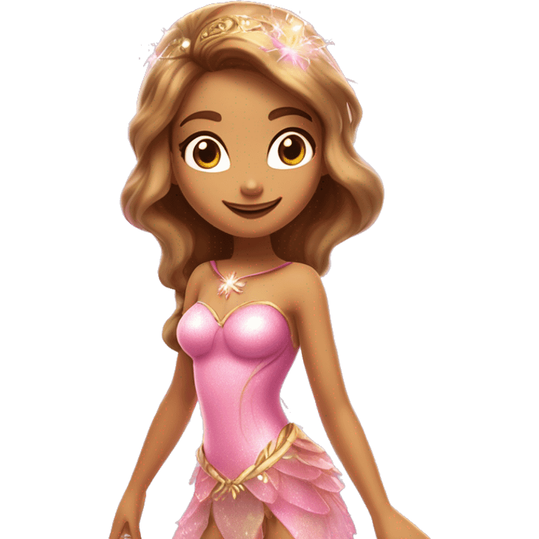 Flora the adult latina fairy of nature in her enchantix fairy pink clothing and fairy enchantix wings and long light brown hair from winx club. Small eyes, Lots of sparkles and fairydust   emoji