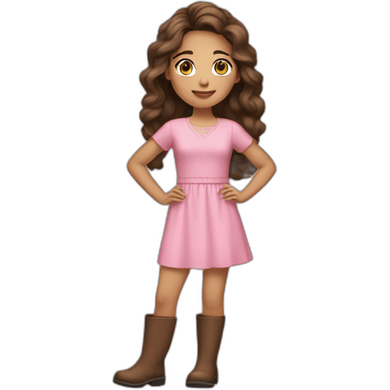 Alicia is a female, Brunette long hair, brown eyes, light skin color, wearing pink short sleeved dress, brown boots emoji