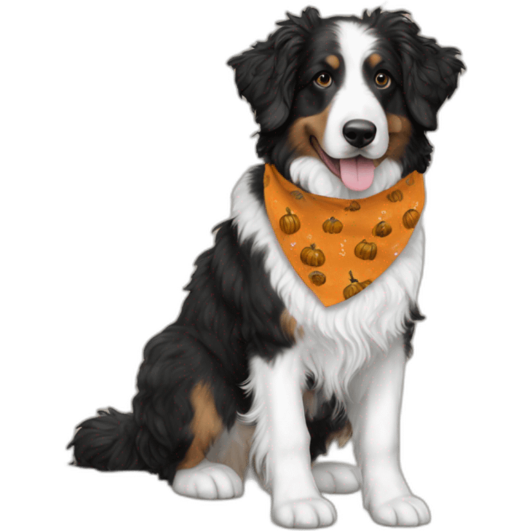 black and white aussie doodle with a pumpkin and fall bandana emoji