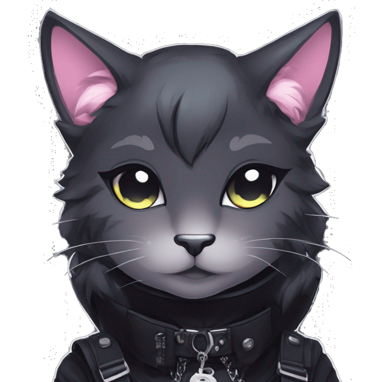 Gorgeous gothic dark techwear anime style anthro cat with blushing face aesthetic and pretty edgy black with collar and harness trending style emoji