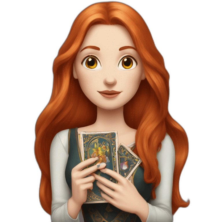 redhead white woman medium long straight hair, holding a tarot card in her hand emoji