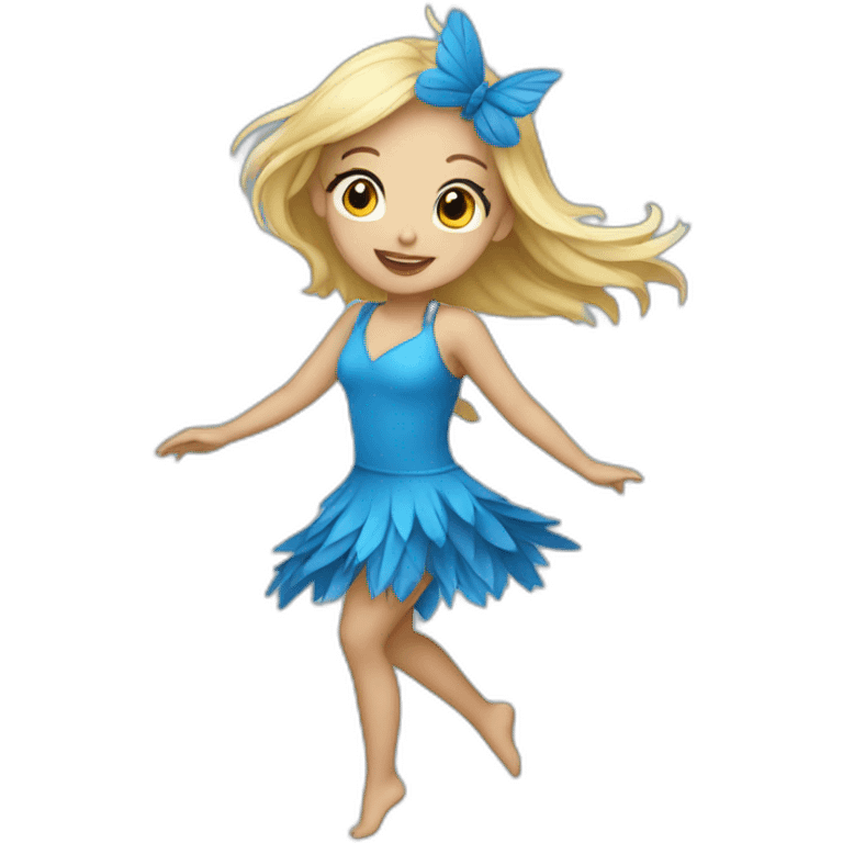 blonde girl dancing in a blue bird costume emoji