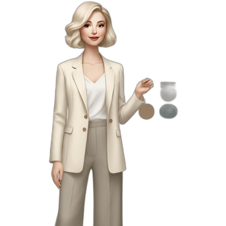 pale skin woman with ash blonde Straightened bob Hair, White Spacious classical jacket, beige palazzo Arrow pants and gray blouse holding a color palette in the hands emoji