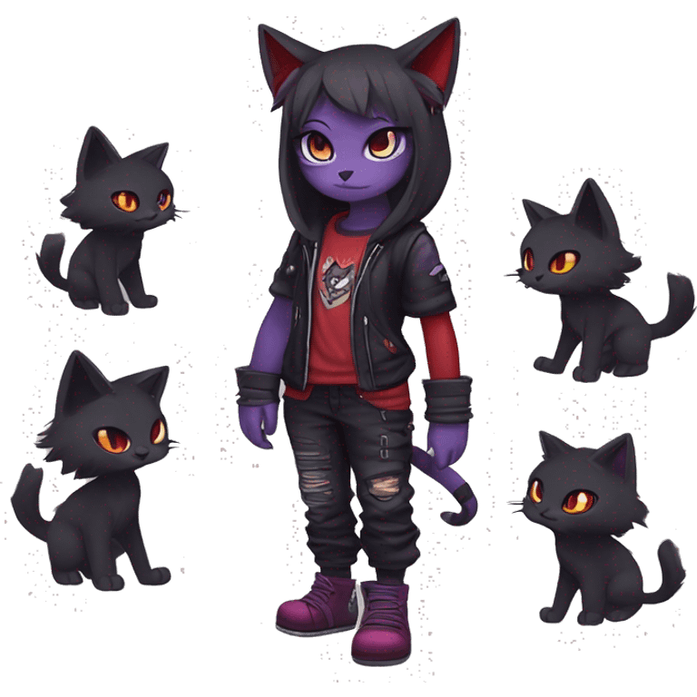 Cute cool dark black red purple animal hybrid Fakemon full body punk catgirl emoji