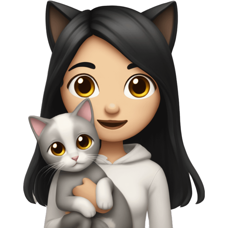 girl with long black hair holding a furry and cute ciames cat emoji