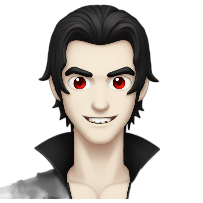 Goth man Vampire teeth, red eyes, pale skin, black hair emoji