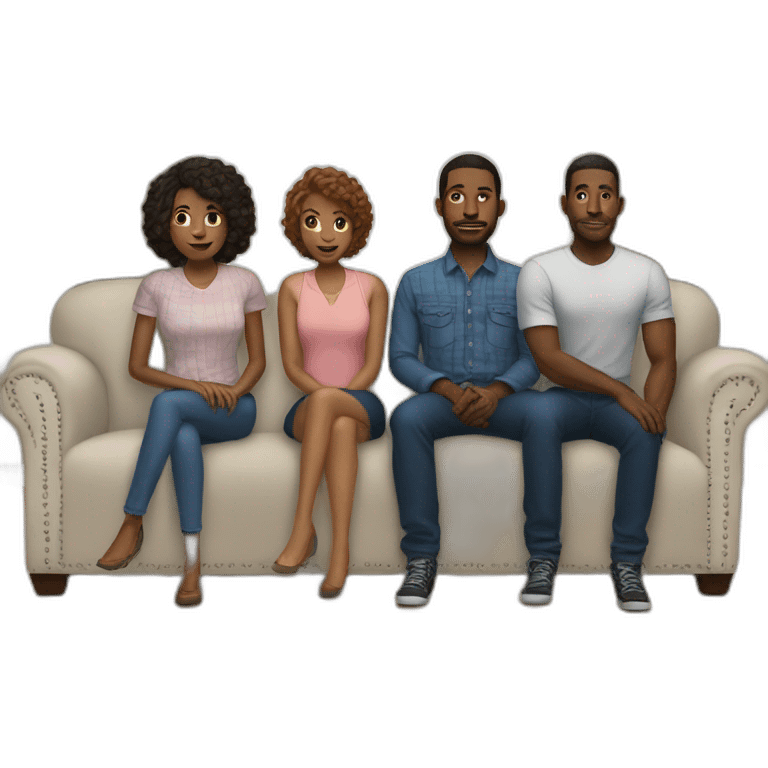 five black men stand behind the sofa and one white woman sit on sofa emoji