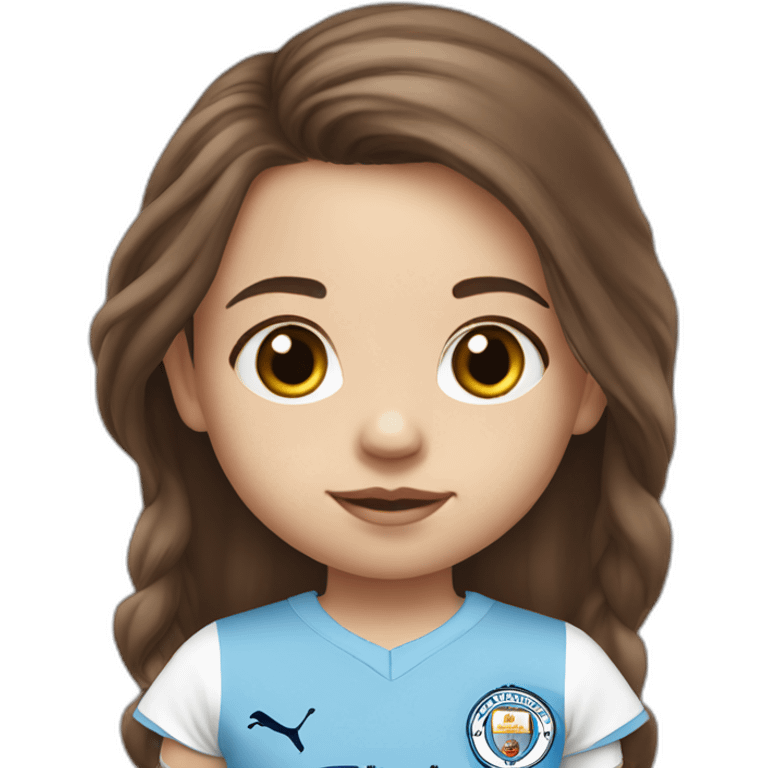 2 year old girl with long brown hair and eyes wearing Manchester City football shirt emoji