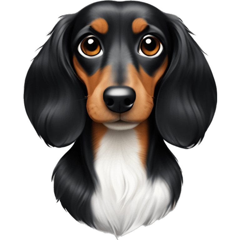 Black and tan long hair dachshund with a patch of white on the chest  emoji