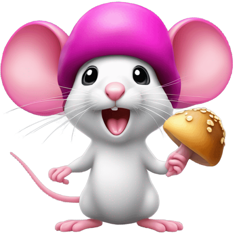 A hot pink mouse with long eyelash extensions is opening his mouth very wide to try to eat the cap of a mushroom that he is holding by the stem in his paws emoji