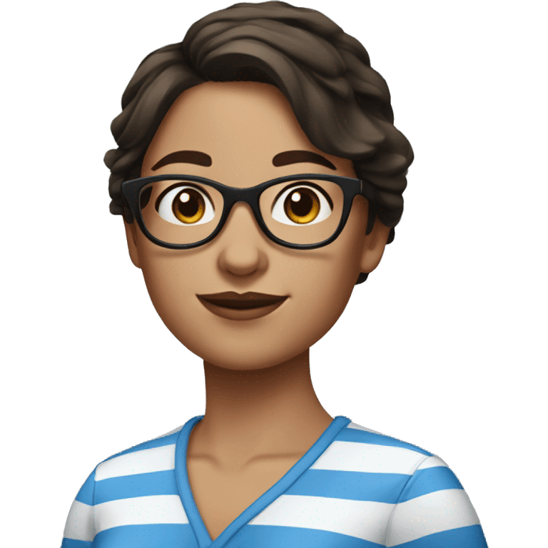 Woman with dark brown hair, glasses, freckles and a blue and white striped shirt emoji