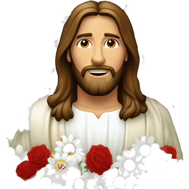 Jesus vestido de branco e vermelho sorrindo, segurando flores emoji