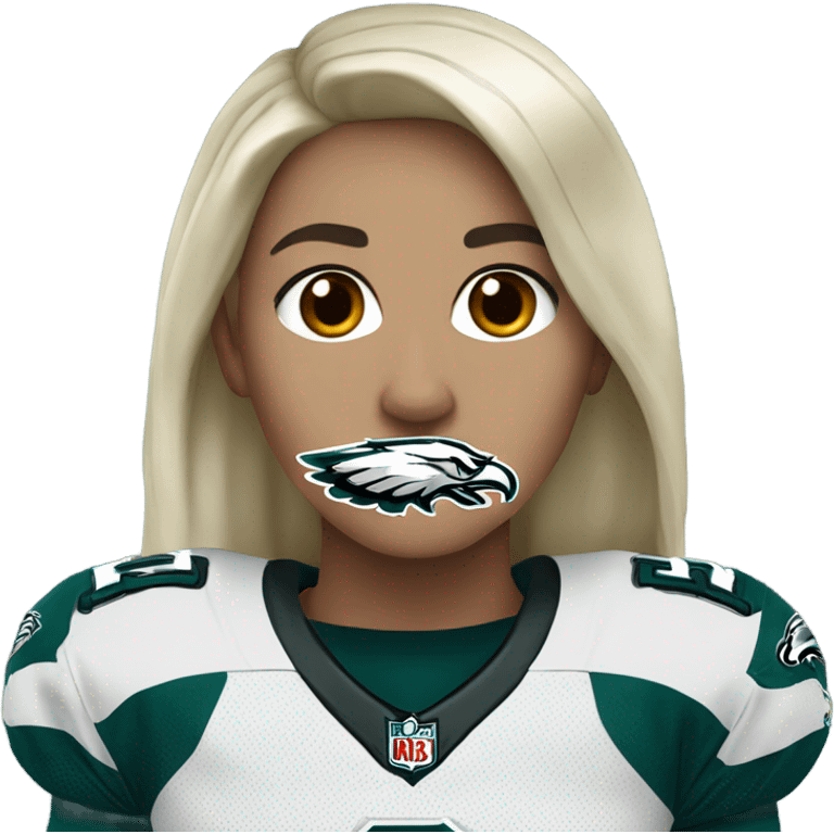 White female long dark hair red lips wearing Philadelphia Eagles jersey emoji