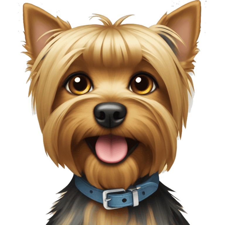 Yorkshire terrier with a collar that says the letters NM emoji