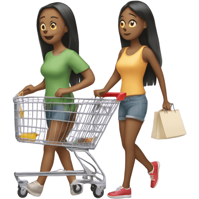 Two girls in a long line with shopping cart emoji