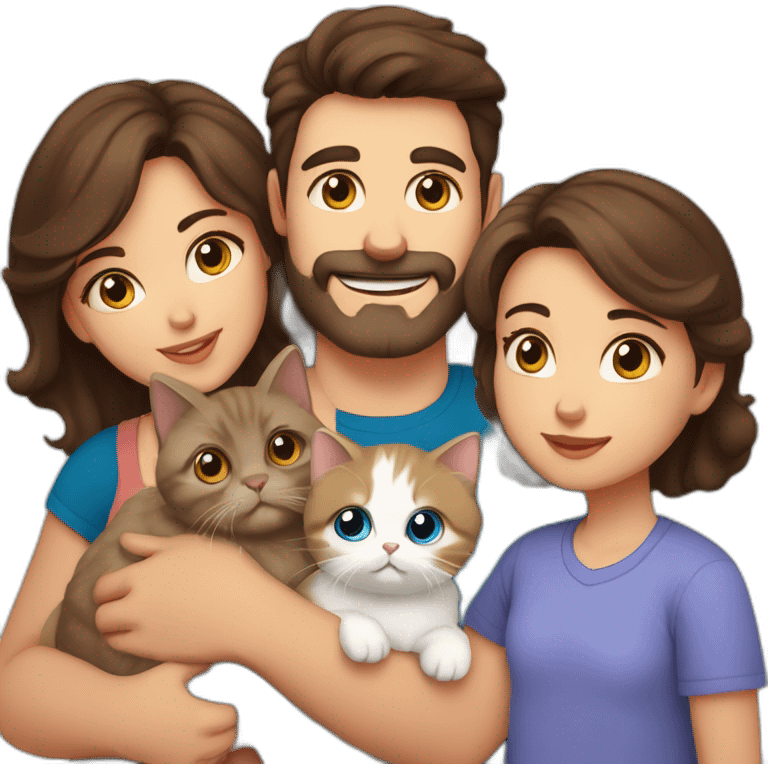 Family with dad with brown eyes and short dark hair, mother with blue eyes and wavy brown hair, young baby, one Persian cat emoji