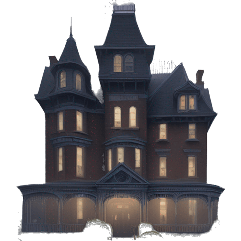 Fantastic Wide full view, A very roomy ramshackle Victorian Addams’s mansion looms through light fog at midnight  emoji