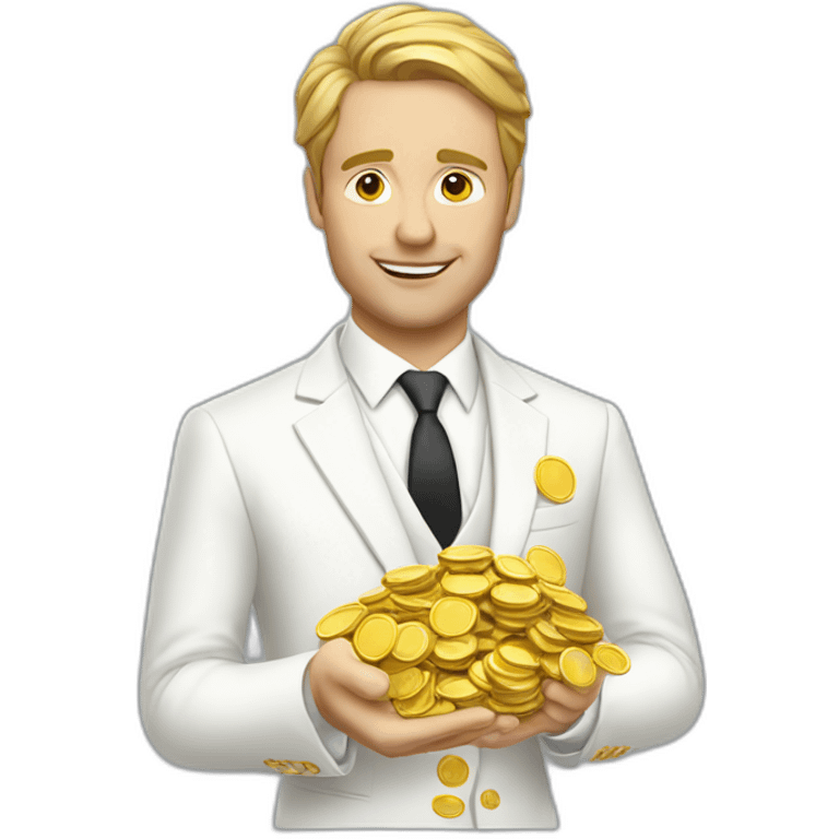 Posh-man-with-white-suit-holding-golden-coins emoji