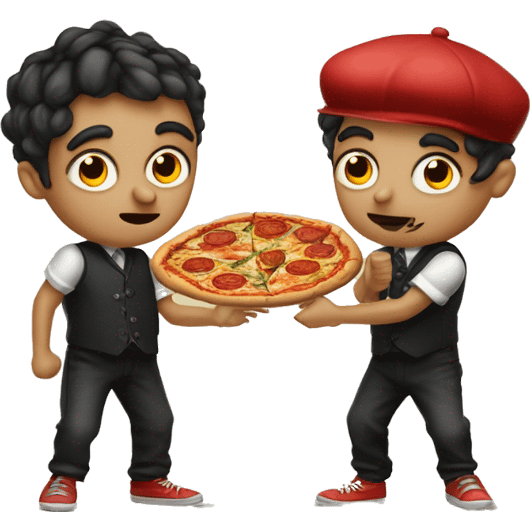 Two Young tattooed italian mafioza kids fighting with pizza and saghetti emoji