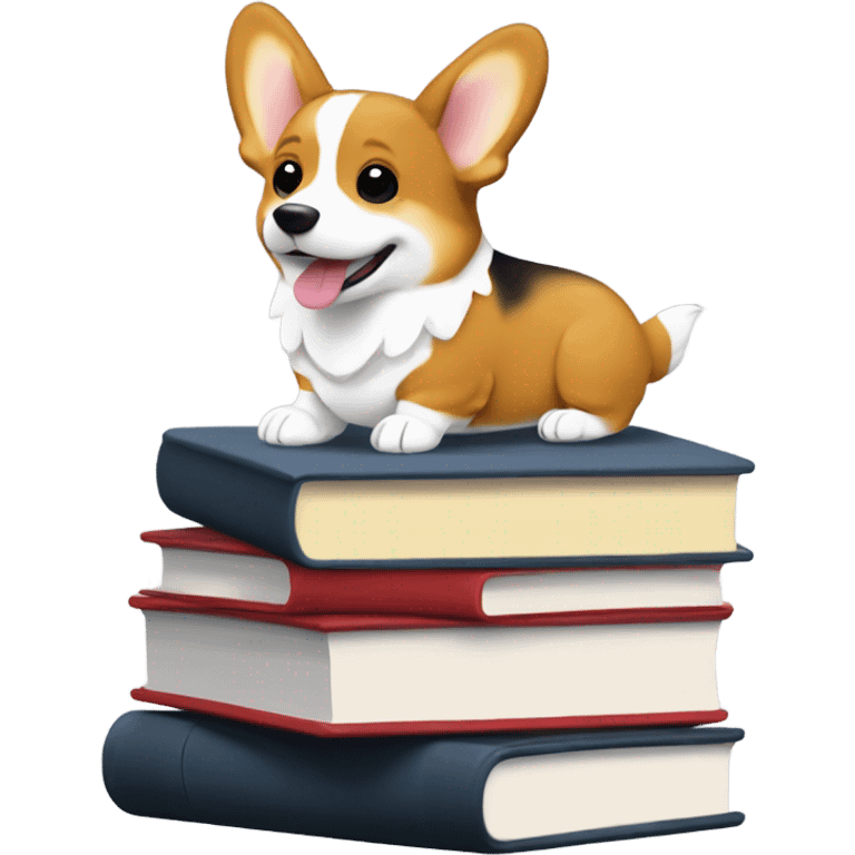 a fit tri color corgi on a stack of books emoji