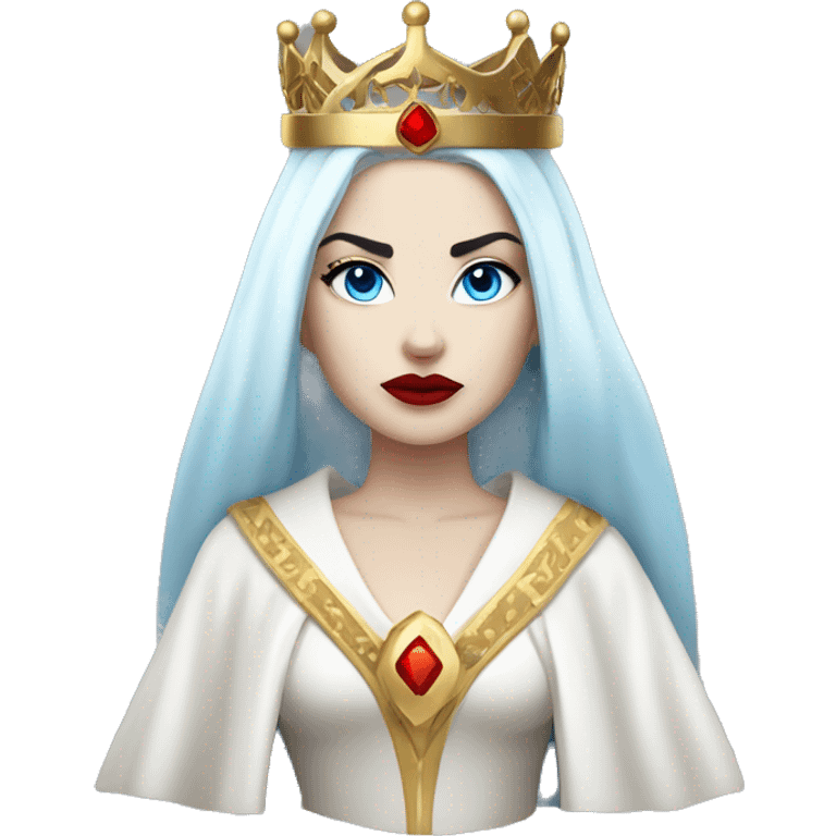 Queen with pale white skin, evil stare, icy blue eyes, bright red lips, long black hair, gold crown, and white robes. emoji