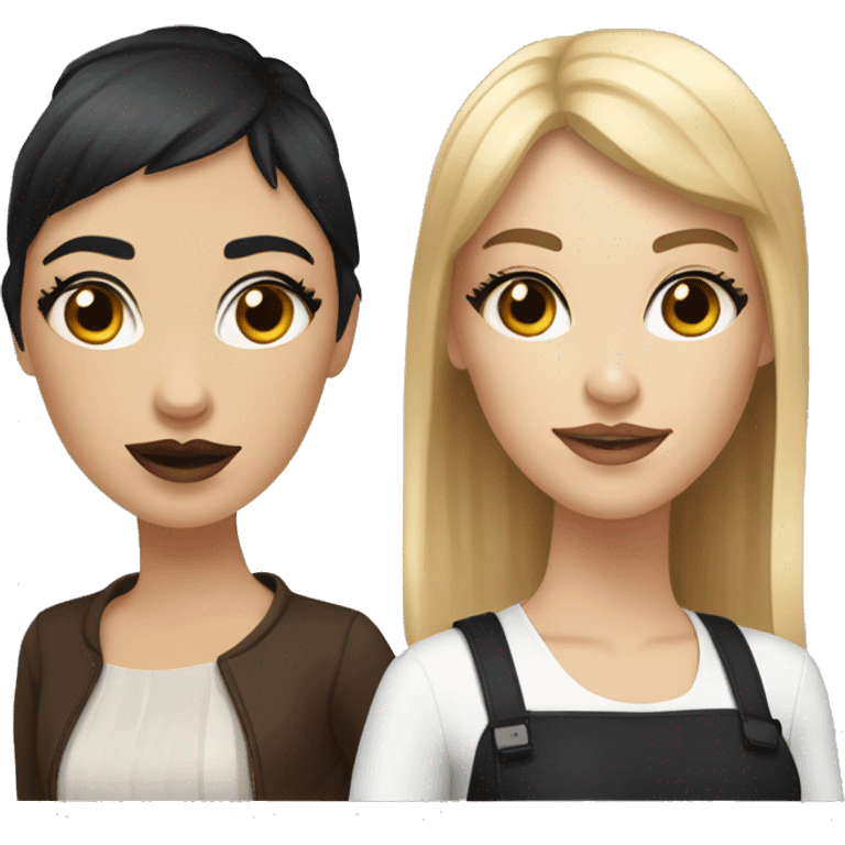 Two white girlfriends. One with brown hair in square, the other with black hair, bangs and a square. In fashionable clothes and beautiful modern makeup emoji