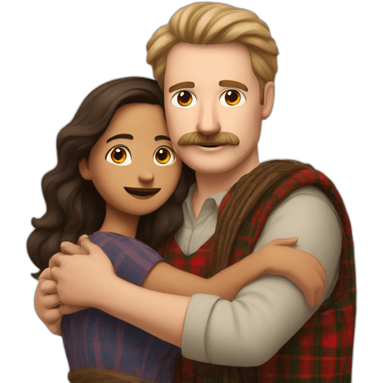 Tall white man with brown hair and a mustache wearing plaid hugging small Indian woman emoji