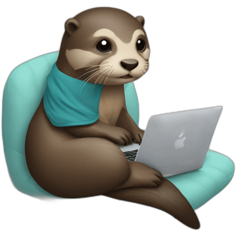 female otter use a macbook while seated against a pillow emoji