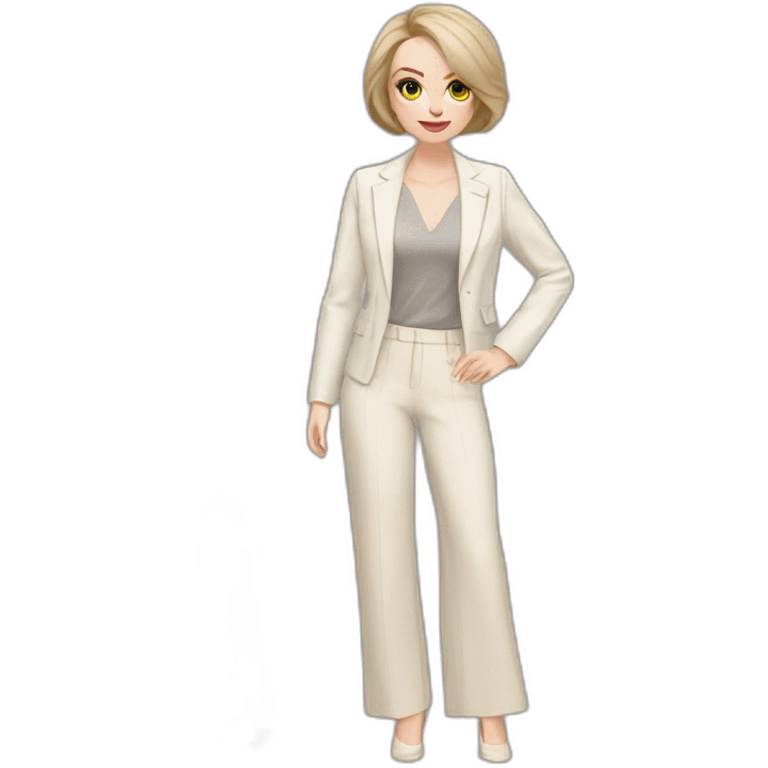 pale skin woman with ash blonde Straightened bob Hair, White Spacious classical jacket, beige palazzo Arrow pants and gray blouse holding a color palettes in the hands emoji