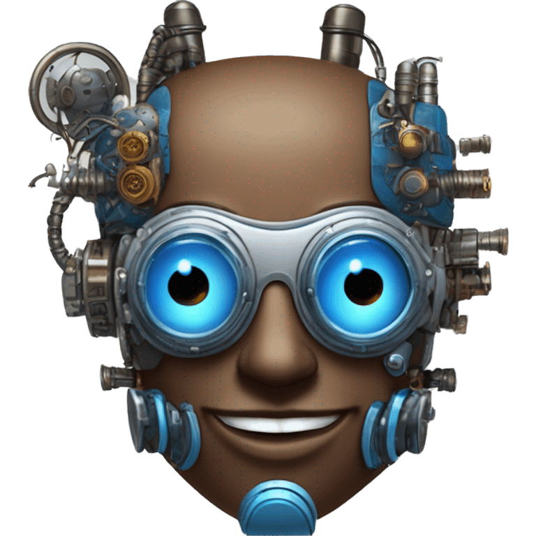 Brown cyborg head with blue Mohawk, blue beard, silver steampunk monocle goggles a smile and circuits emoji